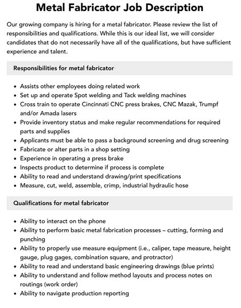 job description for metal fabricator|responsibilities of countertop fabricator.